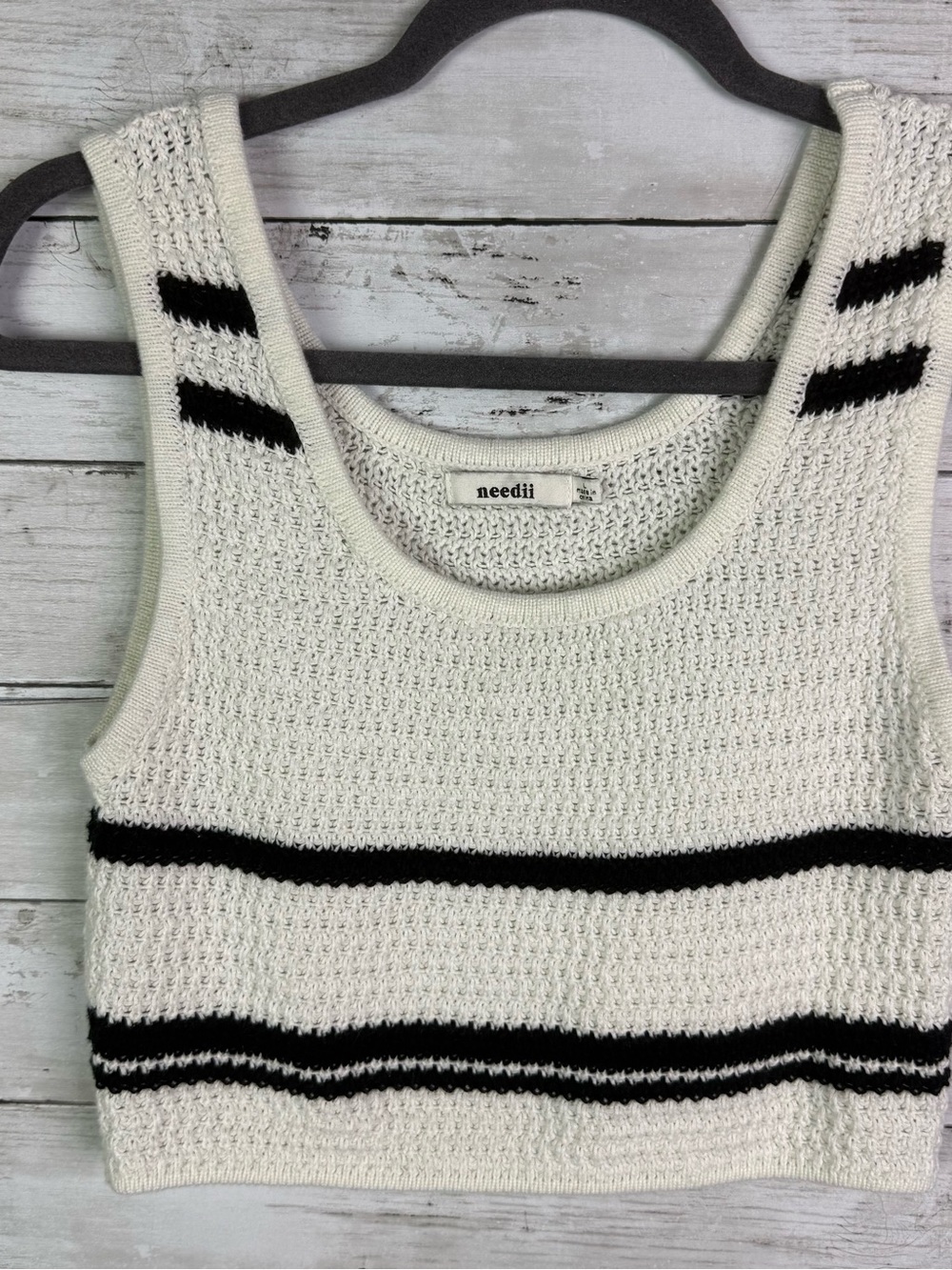 Needii Cream Cropped Knit Tank with Black Stripes Size Large
